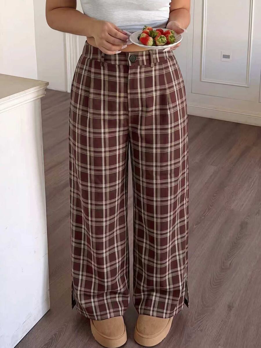 SHEIN PETITE CURVE Plus Size Women's Solid Color Casual Everyday Commute Simple Versatile Loose Comfortable Wide Leg Pants Fall - Multicolor - View 1
