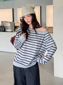 K-Vae Loose Fit Wide Stripe Casual Sweatshirt With Asymmetrical Shoulder Neckline - Grey - View 1