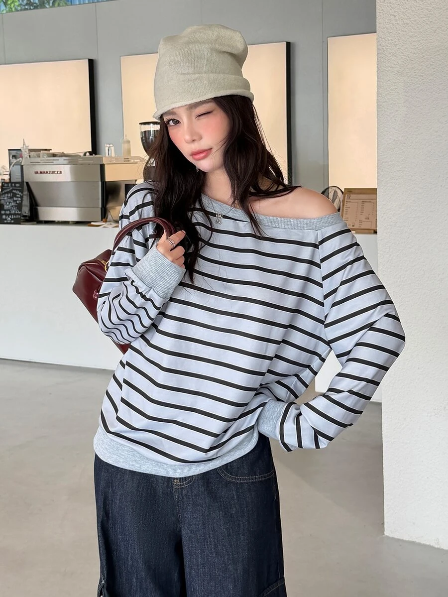K-Vae Loose Fit Wide Stripe Casual Sweatshirt With Asymmetrical Shoulder Neckline - Grey - View 1