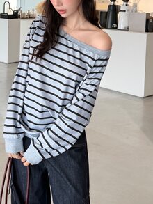 K-Vae Loose Fit Wide Stripe Casual Sweatshirt With Asymmetrical Shoulder Neckline - Grey - View 3