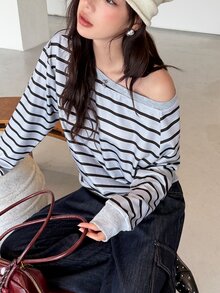 K-Vae Loose Fit Wide Stripe Casual Sweatshirt With Asymmetrical Shoulder Neckline - Grey - View 5
