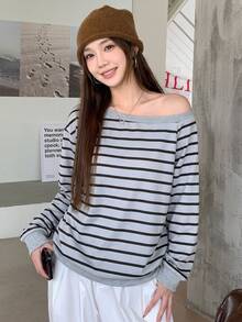 K-Vae Loose Fit Wide Stripe Casual Sweatshirt With Asymmetrical Shoulder Neckline - Grey - View 4