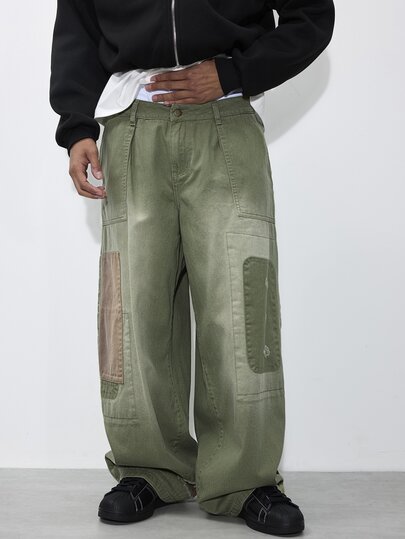 FORM&CHAOS Men's Vintage Green Washed Patchwork Denim Jeans