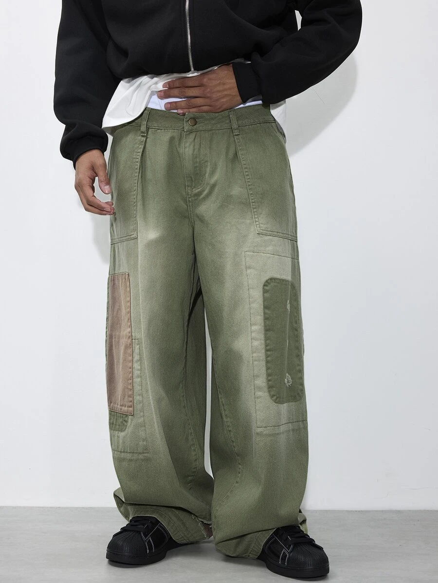 FORM&CHAOS Men's Vintage Green Washed Patchwork Denim Jeans - Multicolor - View 1