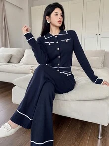 Feyla 2pcs Women Contrast Color Block Button Front Pocket Long Sleeve Top And Pants Set 2 Pieces Set In Fall/Winter - Blue - View 1