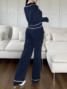Feyla 2pcs Women Contrast Color Block Button Front Pocket Long Sleeve Top And Pants Set 2 Pieces Set In Fall/Winter - Blue - View 3