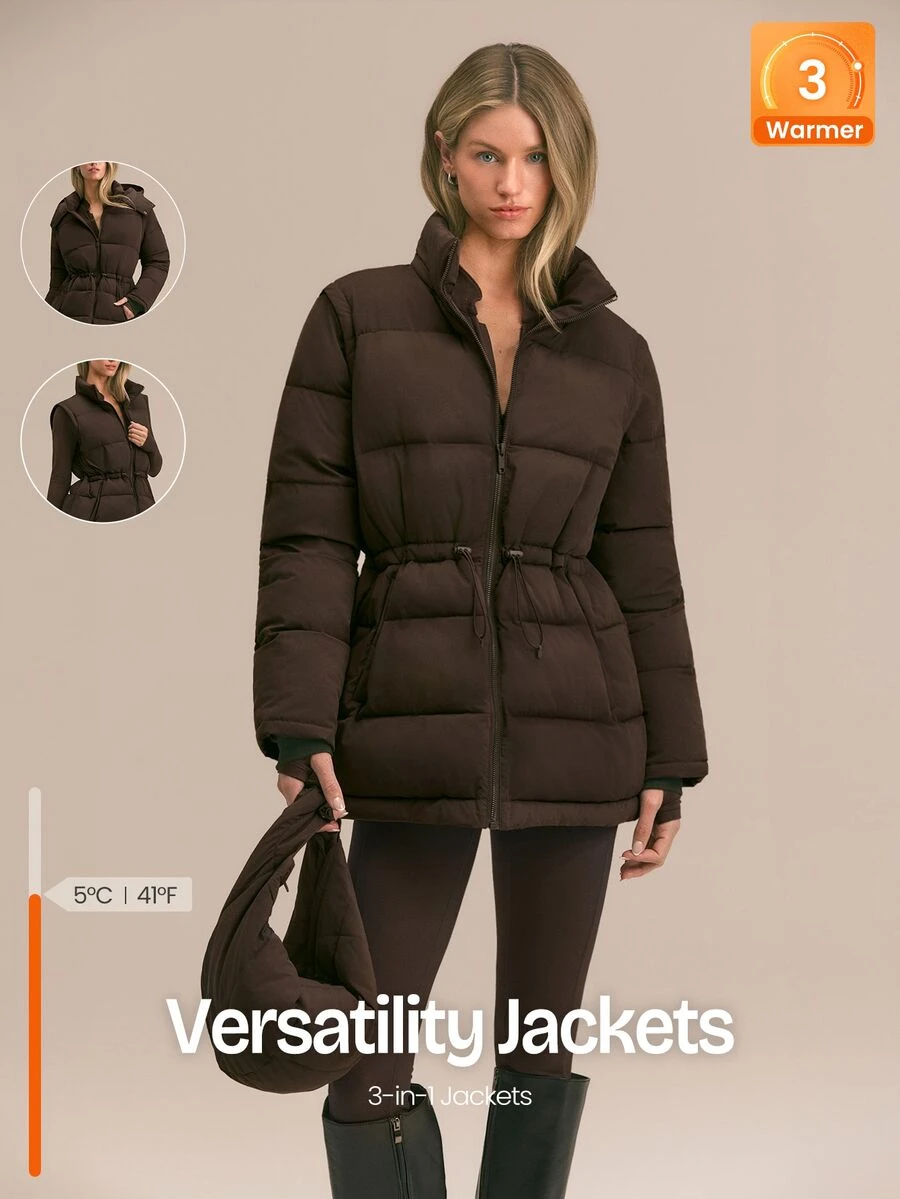 GLOWMODE Snow Day Convertible Puffer Jacket With Detachable Hood & Sleeves, Hood-To-Bag Design & Thumbhole Cuffs Fall Winter Outdoor Wear - Chocolate Brown - View 1
