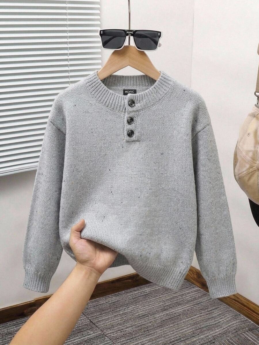 Boys' Round Neck Half-Button Front Drop Shoulder Colorful Dot Minimalist Cool Streetwear Knit Pullover Sweater, Long Sleeve Loose Fit Knit Top, Suitable For Daily Wear, Gatherings, Autumn/Winter - Light Grey - View 1