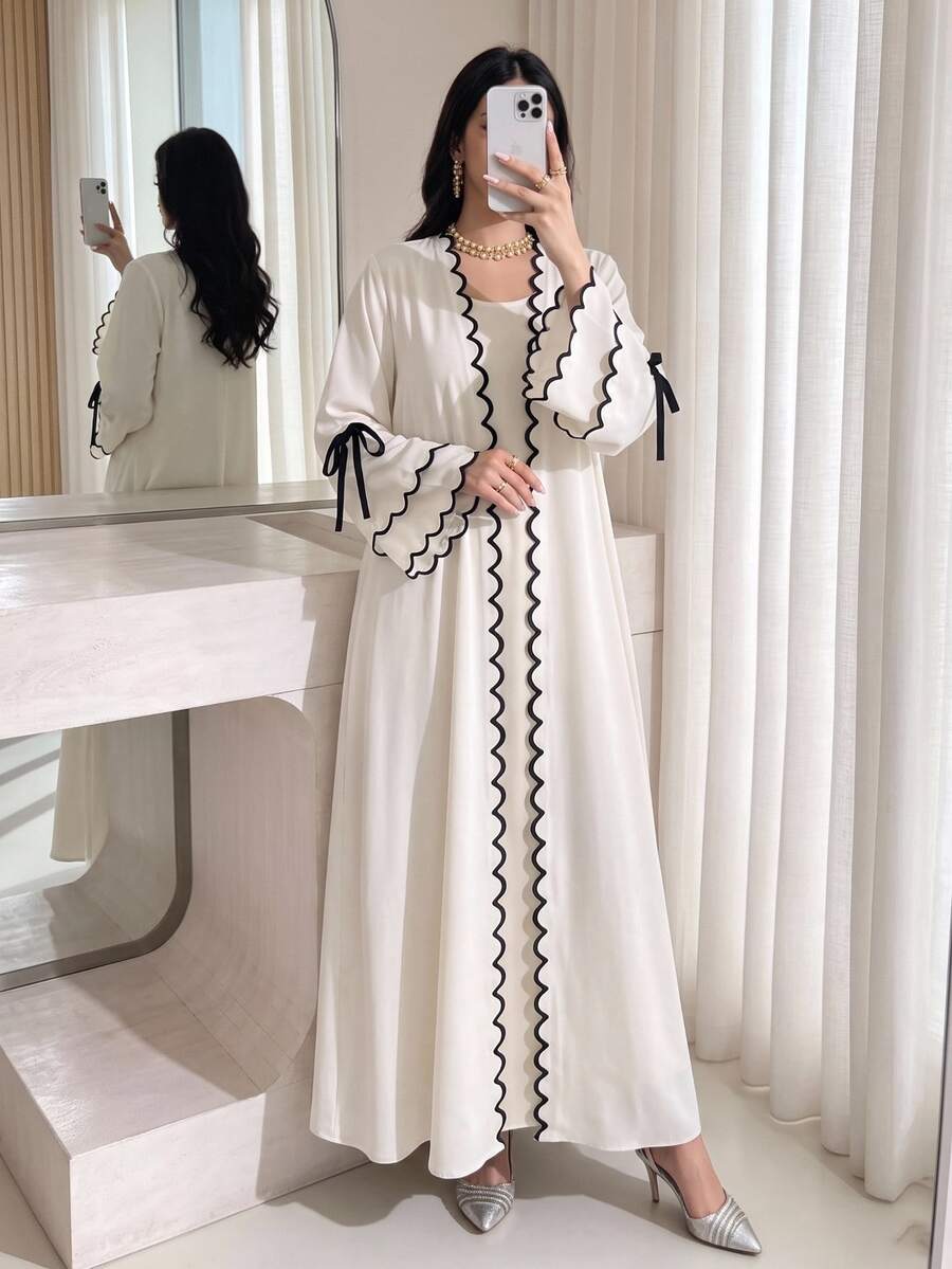 Al Najma Women's Elegant Modern Filipiniana Modest Casual Tie-Up Contrast Color Abaya Robe, Evening Party Ninang Wedding Formal Christening Guest White Winter