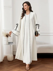 Al Najma Women's Elegant Modern Filipiniana Modest Casual Tie-Up Contrast Color Abaya Robe, Evening Party Ninang Wedding Formal Christening Guest White Winter - White - View 4