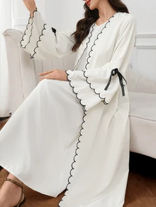 Al Najma Women's Elegant Modern Filipiniana Modest Casual Tie-Up Contrast Color Abaya Robe, Evening Party Ninang Wedding Formal Christening Guest White Winter - White - View 5