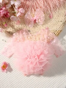 SHEIN 新生女嬰攝影拍照道具 灰粉色蕾絲連身衣與髮帶套裝 夏季可愛日系風格 秋季熱帶風 - 粉色 - 查看 3