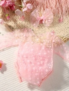SHEIN 新生女嬰攝影拍照道具 灰粉色蕾絲連身衣與髮帶套裝 夏季可愛日系風格 秋季熱帶風 - 粉色 - 查看 2