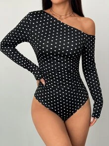 StreetHx Women's Autumn/Winter Black Polka Dot Print Knit High Elastic Asymmetrical Shoulder Ruched Waist Slim Fit Bodysuit Vintage Minimalist Versatile For Outing Shopping Dating Daily Commute - Black - View 6