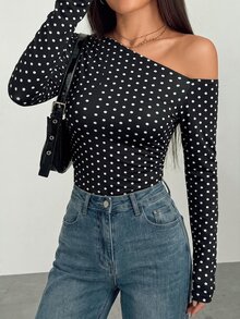 StreetHx Women's Autumn/Winter Black Polka Dot Print Knit High Elastic Asymmetrical Shoulder Ruched Waist Slim Fit Bodysuit Vintage Minimalist Versatile For Outing Shopping Dating Daily Commute - Black - View 4
