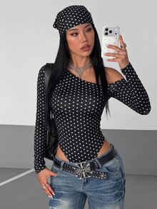 StreetHx Women's Autumn/Winter Black Polka Dot Print Knit High Elastic Asymmetrical Shoulder Ruched Waist Slim Fit Bodysuit Vintage Minimalist Versatile For Outing Shopping Dating Daily Commute - Black - View 1