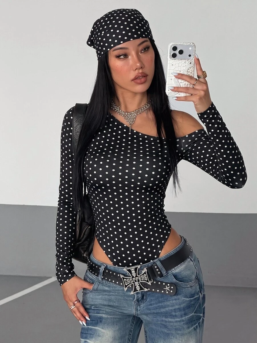 StreetHx Women's Autumn/Winter Black Polka Dot Print Knit High Elastic Asymmetrical Shoulder Ruched Waist Slim Fit Bodysuit Vintage Minimalist Versatile For Outing Shopping Dating Daily Commute - Black - View 1