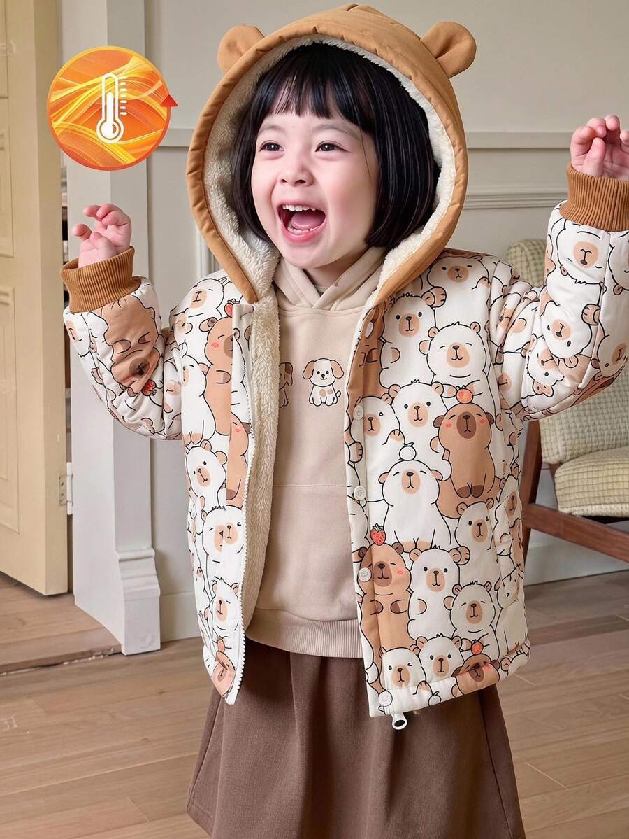SHEIN 女童可愛貓咪印花保暖內裡連帽輕便外套,保暖內裡設計有效鎖溫,冬季刷毛夾克,西式風格 - 卡其色 - 查看 1