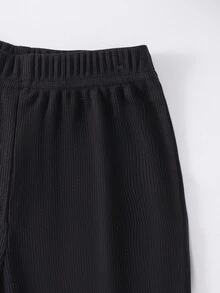SHEIN 女童 4-7歲 粉色蝴蝶結前襟華夫格衛衣與黑色喇叭褲 2件套休閒上學套裝 秋冬服飾 - 粉色 - 查看 3
