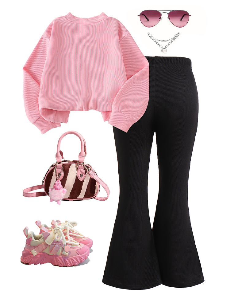 SHEIN Young Girls 4-7Y Pink Bow Front Waffle Sweatshirt And Black Bell Bottom Flare Pants 2Pcs Outfit Set For School Casual Fall Winter Clothing - Pink - View 2