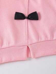 SHEIN 女童 4-7歲 粉色蝴蝶結前襟華夫格衛衣與黑色喇叭褲 2件套休閒上學套裝 秋冬服飾 - 粉色 - 查看 6