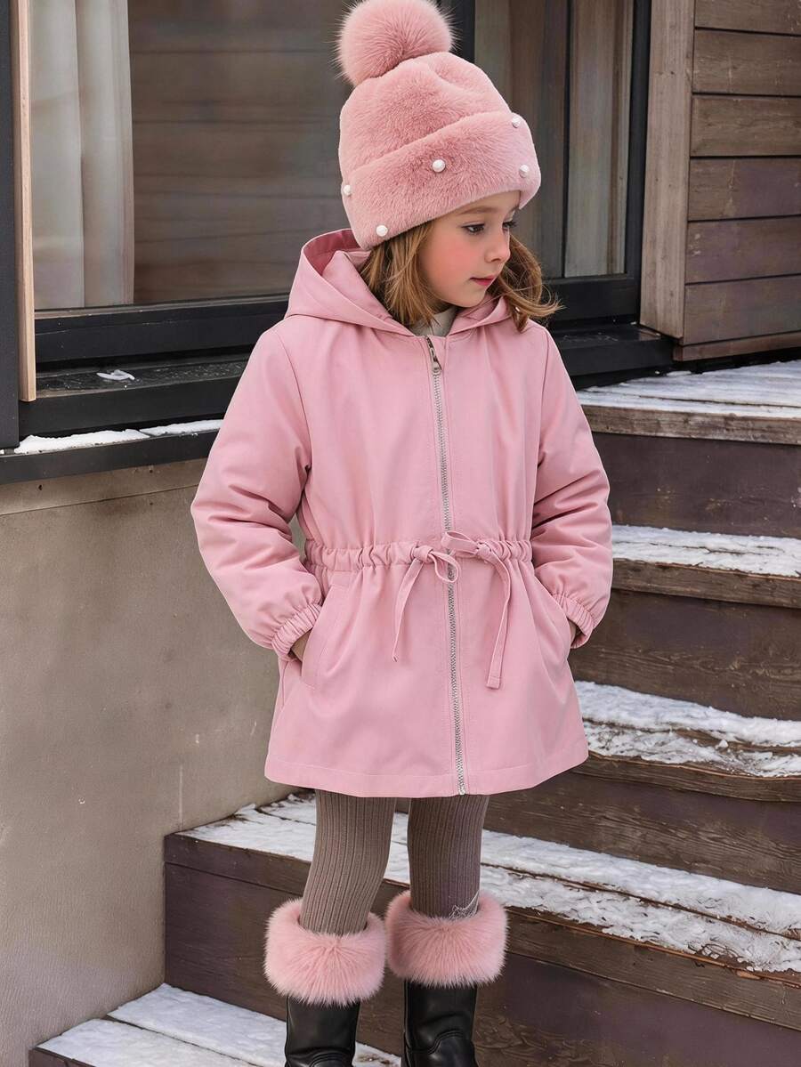SHEIN Elladie kids 小女孩秋季連帽外套，粉色收腰拉鍊防風夾克