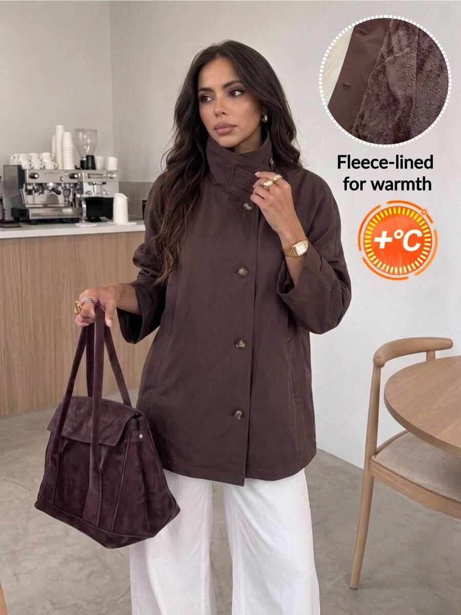 Easowa Women's Solid Color Casual Versatile Daily Travel Trench Coat Jacket - Brown - View 1