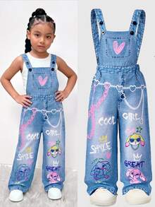 Young Girl'Denim Print Fashionable Chain, Rabbit Letter Print Bib Pants, Back To School, Jumpsuit Fall, White Rainbow - Blue - View 6