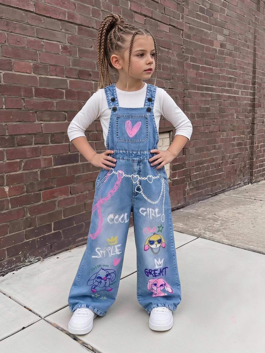 Young Girl'Denim Print Fashionable Chain, Rabbit Letter Print Bib Pants, Back To School, Jumpsuit Fall, White Rainbow