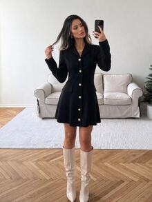 Easowa Women's Fall/Winter Dress Solid Color Casual Daily Elegant Mini Dress Christmas Party Dress - Black - View 2