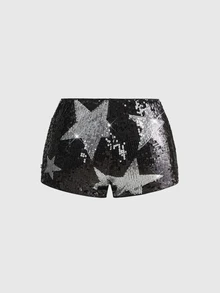 ROMWE Avant Women Rock Punk Music Festival Sparkling Pentagram Decor Sequin  Micro Low-Waist Mini Shorts - Black - View 2