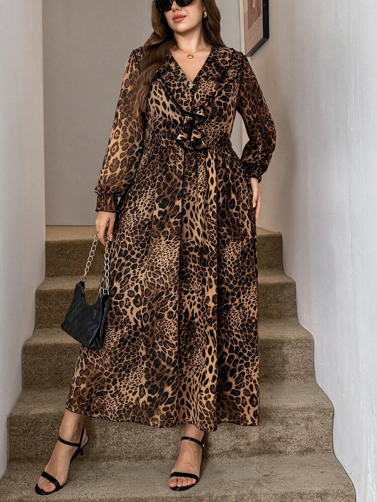 SHEIN LUNE Plus Size Women's Leopard Print Patchwork Ruffle V-Neck Long Sleeve Elegant Dress Wedding Guest Date Night Birthday Party Brown Autumn Fall - Brown - View 4