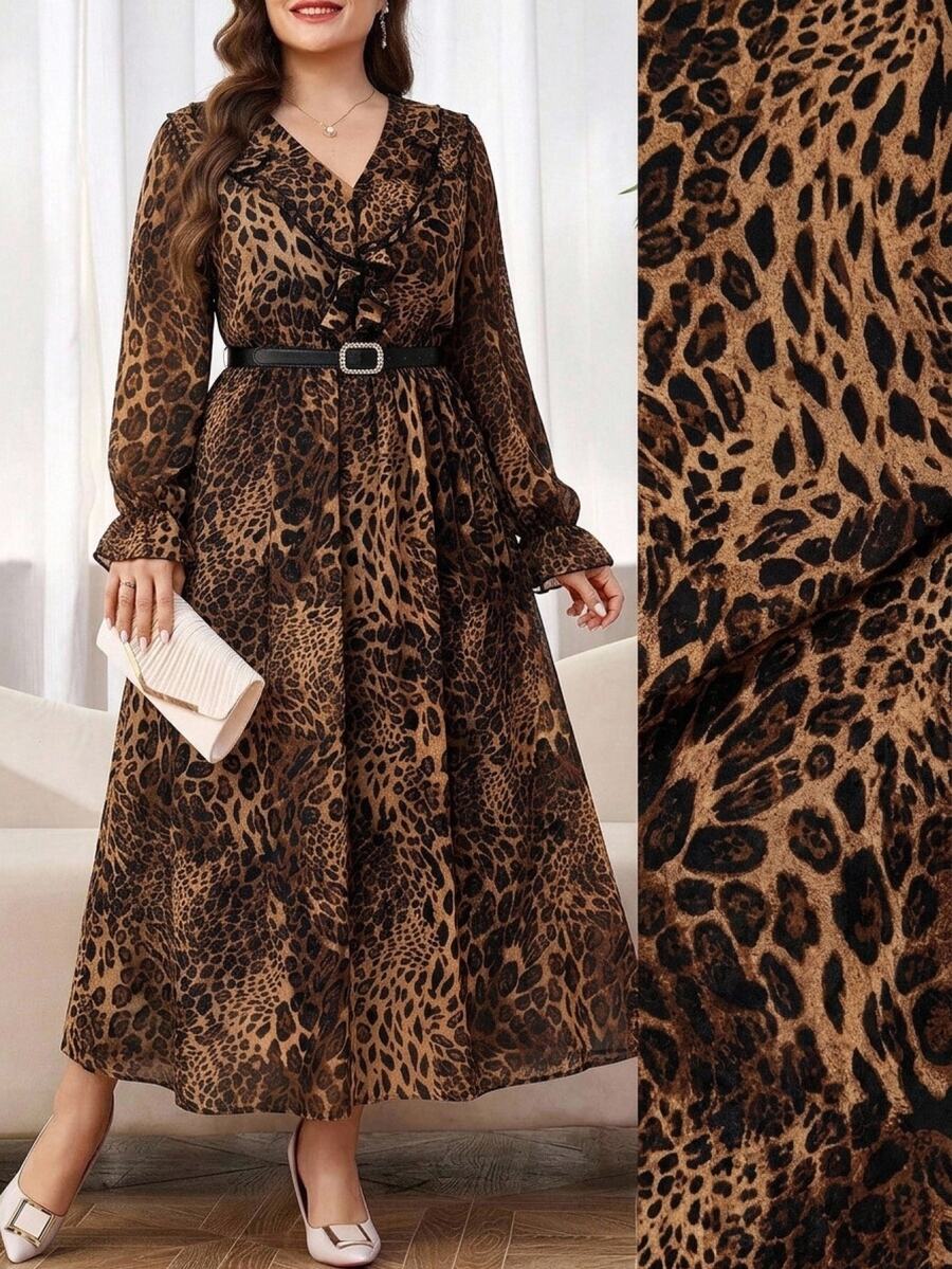 SHEIN LUNE Plus Size Women's Leopard Print Patchwork Ruffle V-Neck Long Sleeve Elegant Dress Wedding Guest Date Night Birthday Party Brown Autumn Fall - Brown - View 1