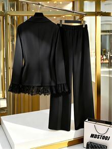 Modelyn Plus Size Women Long Sleeve Blazer With Decorative Pocket Flaps, Lapel Collar, Single Button, Lace Trim Cuffs And Hem, Elastic Waist Back, Professional, Elegant Commute, French Style Autumn/Winter Blazer And Pants Set - Black - View 2