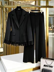 Modelyn Plus Size Women Long Sleeve Blazer With Decorative Pocket Flaps, Lapel Collar, Single Button, Lace Trim Cuffs And Hem, Elastic Waist Back, Professional, Elegant Commute, French Style Autumn/Winter Blazer And Pants Set - Black - View 3