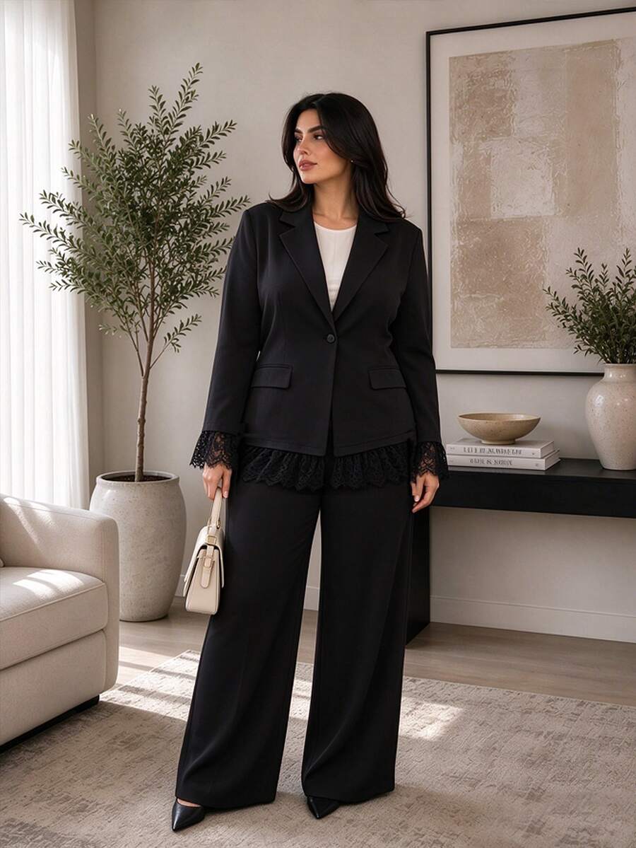 Modelyn Plus Size Women Long Sleeve Blazer With Decorative Pocket Flaps, Lapel Collar, Single Button, Lace Trim Cuffs And Hem, Elastic Waist Back, Professional, Elegant Commute, French Style Autumn/Winter Blazer And Pants Set - Black - View 1