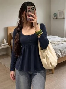 Collagica Collagica Women's Long Sleeve Square Neck High Waist Button Ruffle Hem Top - Royal Blue - View 1
