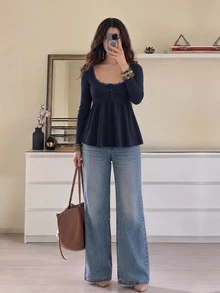 Collagica Collagica Women's Long Sleeve Square Neck High Waist Button Ruffle Hem Top - Royal Blue - View 3