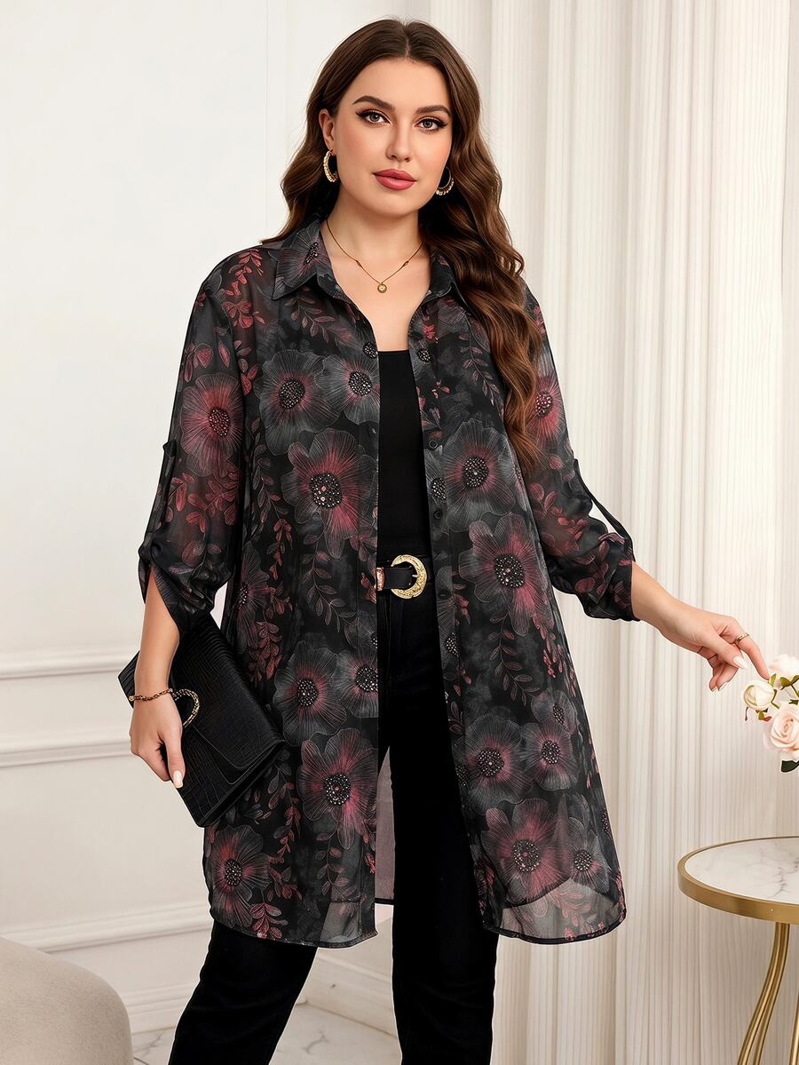 Reflora Plus Size Women's Floral Print Casual Versatile Everyday Outing Shirt - Multicolor - View 1