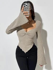 Rafferiza Women's Autumn/Winter Bell Sleeve Square Collar Twist Knot Ruffle Hem Rib Texture Short Cropped Long Sleeve T-Shirt Fall Cloth For Women - Apricot - View 9