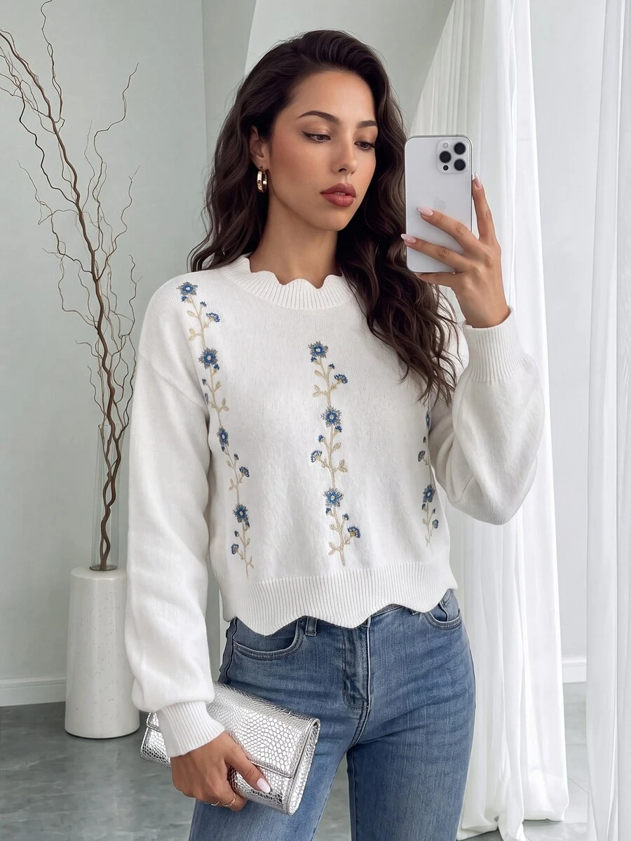 SHEIN Raffinéa 1pc Loose Fit Floral Embroidered Sweater With Lace Collar, Suitable For Autumn/Winter, Long Sleeve Top Knit Pullover Fall - White - View 1