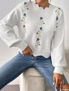 SHEIN Raffinéa 1pc Loose Fit Floral Embroidered Sweater With Lace Collar, Suitable For Autumn/Winter, Long Sleeve Top Knit Pullover Fall - White - View 8