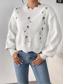 SHEIN Raffinéa 1pc Loose Fit Floral Embroidered Sweater With Lace Collar, Suitable For Autumn/Winter, Long Sleeve Top Knit Pullover Fall - White - View 6
