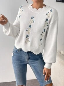 SHEIN Raffinéa 1pc Loose Fit Floral Embroidered Sweater With Lace Collar, Suitable For Autumn/Winter, Long Sleeve Top Knit Pullover Fall - White - View 7