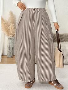 SHEIN CURVE+ 女款休閒波西米亞度假風黑白格紋紋理條紋拼接寬鬆長褲 S 秋季 - 彩色 - 查看 4