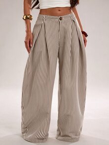 SHEIN CURVE+ 女款休閒波西米亞度假風黑白格紋紋理條紋拼接寬鬆長褲 S 秋季 - 彩色 - 查看 7