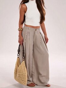SHEIN CURVE+ 女款休閒波西米亞度假風黑白格紋紋理條紋拼接寬鬆長褲 S 秋季 - 彩色 - 查看 6