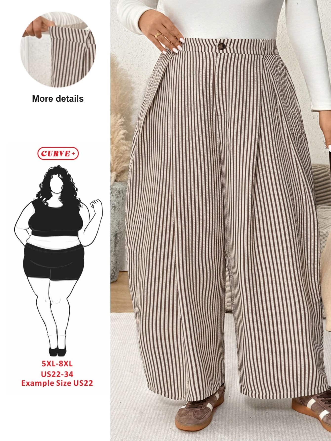 SHEIN CURVE+ 女款休閒波西米亞度假風黑白格紋紋理條紋拼接寬鬆長褲 S 秋季 - 彩色 - 查看 1