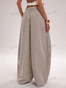 SHEIN CURVE+ 女款休閒波西米亞度假風黑白格紋紋理條紋拼接寬鬆長褲 S 秋季 - 彩色 - 查看 2