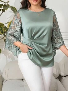 Reflora Plus Size Sage Green Elegant Sheer Long Sleeve Shirt, Autumn Women's Blouses, Minimalist Solid Color Tops For Wedding Formal Office Party Events Fall - Green - View 8
